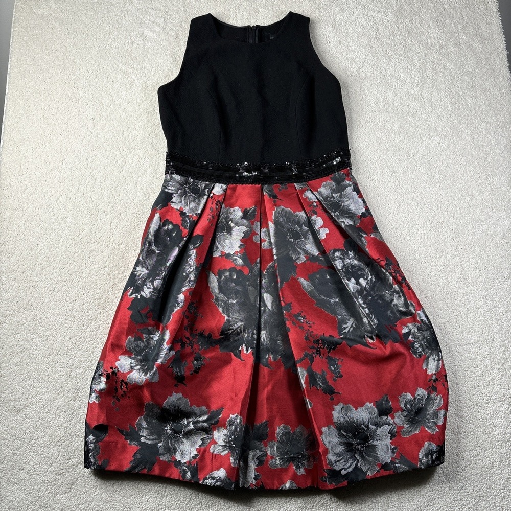 Carmen Marc Valvo Black Red Floral Pleated Party Dress Women's Size 6 Pocket NWT